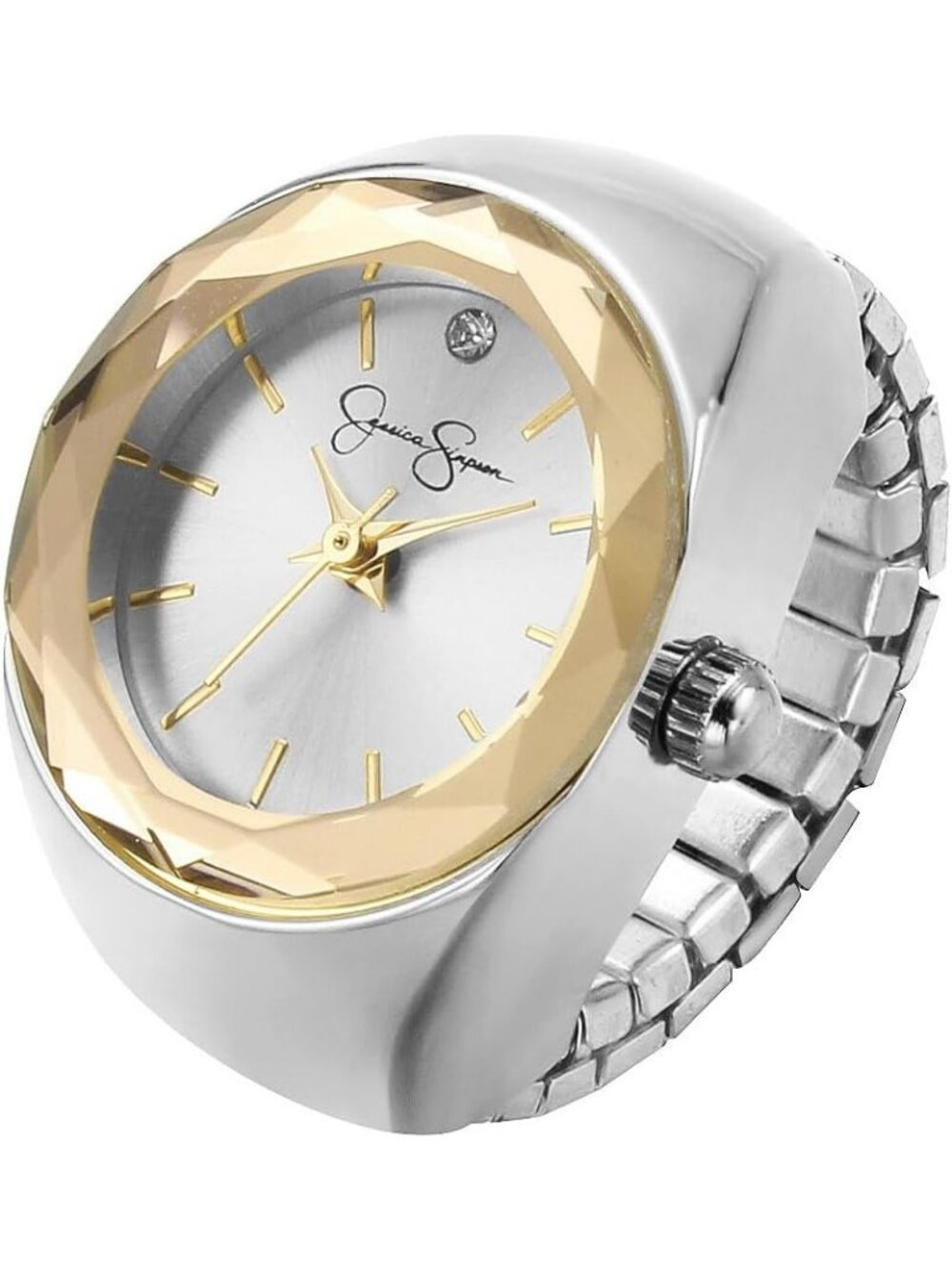 Women's Silver Adjustable Ring Quartz Analog Mini Crystal Dial Wrist Watches